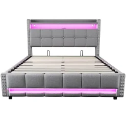 Lit Double 160X200Cm Usb Led Hydraulique Lin Blackcolors