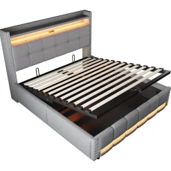 Lit Double 160X200Cm Usb Led Hydraulique Lin Blackcolors