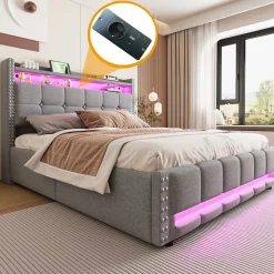 Lit Double 160X200Cm Usb Led Hydraulique Lin Blackcolors