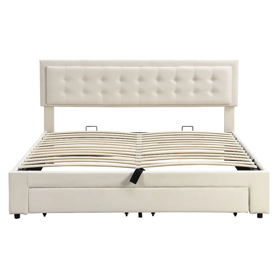 Lit Double 180X200Cm Velours Tiroirs Beige Blackcolors