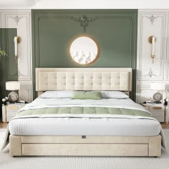 Lit Double 180X200Cm Velours Tiroirs Beige Blackcolors