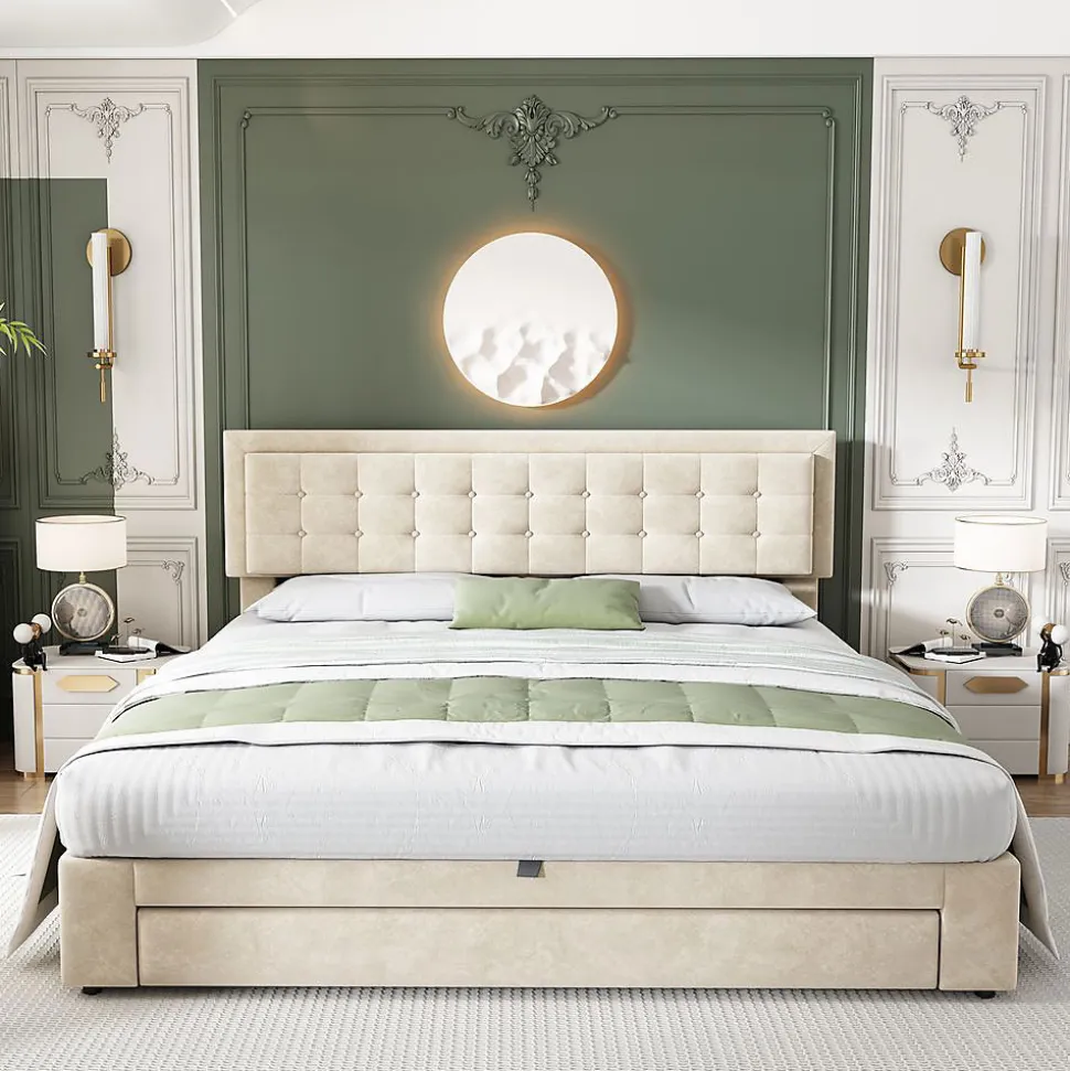 Lit Double 180X200Cm Velours Tiroirs Beige Blackcolors