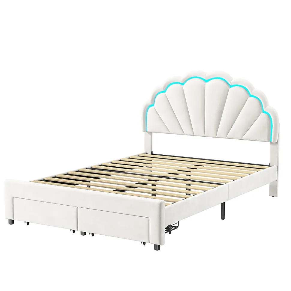 Lit double 140x200,lit double capitonné,2 tiroirs en bout de lit,tête de lit pétale,LED réglable,velours,blanc