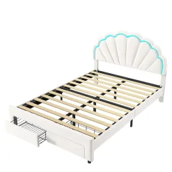 Lit double 140x200,lit double capitonné,2 tiroirs en bout de lit,tête de lit pétale,LED réglable,velours,blanc