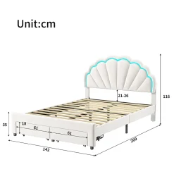 Lit double 140x200,lit double capitonné,2 tiroirs en bout de lit,tête de lit pétale,LED réglable,velours,blanc