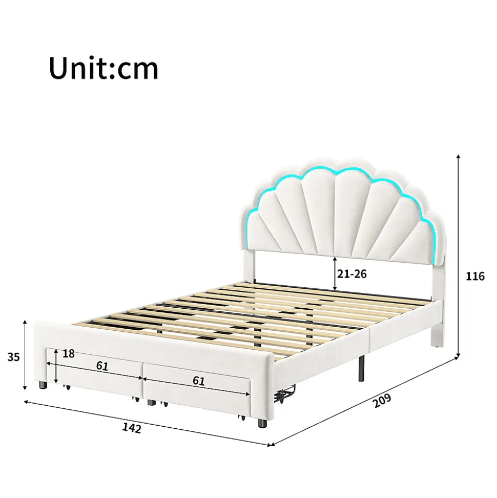 Lit double 140x200,lit double capitonné,2 tiroirs en bout de lit,tête de lit pétale,LED réglable,velours,blanc