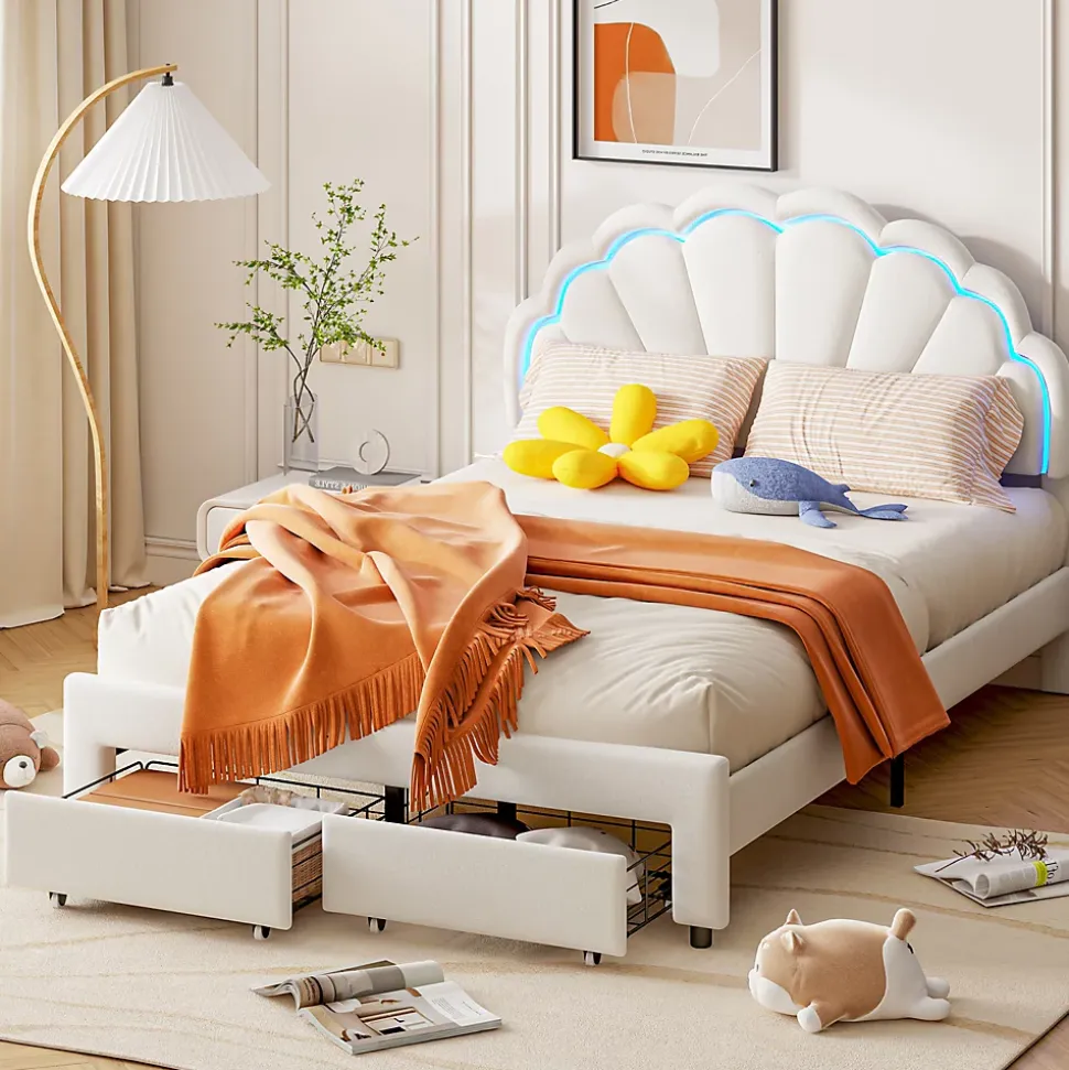 Lit double 140x200,lit double capitonné,2 tiroirs en bout de lit,tête de lit pétale,LED réglable,velours,blanc