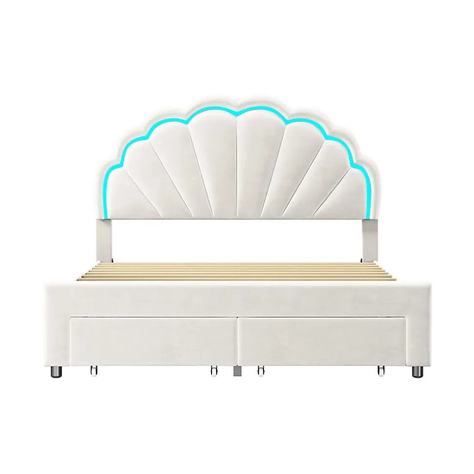 Lit double 140x200,lit double capitonné,2 tiroirs en bout de lit,tête de lit pétale,LED réglable,velours,blanc