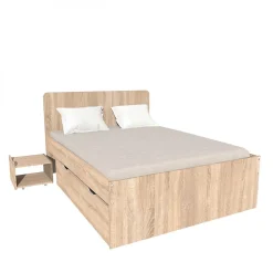 Lit double ZENIA 140x190 + 2 chevets + 2 tiroirs / Décor Chêne blanchi