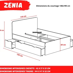 Lit double ZENIA 140x190 + 2 chevets + 2 tiroirs / Décor Chêne blanchi