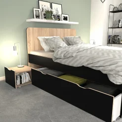 Lit double ZENIA 140x190 + 2 chevets + 2 tiroirs / Décor Chêne blanchi & noir