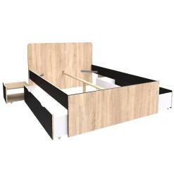 Lit double ZENIA 140x190 + 2 chevets + 2 tiroirs / Décor Chêne blanchi & noir