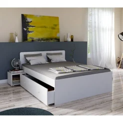 Lit double ZENIA 160x200 + 2 chevets + 2 tiroirs / Blanc