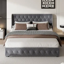 Lit Double,Lit 160 x 200 avec Sommier,Cadre de Lit avec Sommier à Lattes et Tête de Lit,Rembourrage à Boutons,sans Matelas,Gris