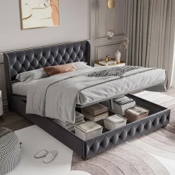 Lit Double,Lit 160 x 200 avec Sommier,Cadre de Lit avec Sommier à Lattes et Tête de Lit,Rembourrage à Boutons,sans Matelas,Gris