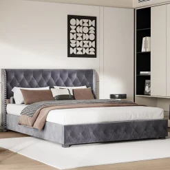 Lit Double,Lit 160 x 200 avec Sommier,Cadre de Lit avec Sommier à Lattes et Tête de Lit,Rembourrage à Boutons,sans Matelas,Gris