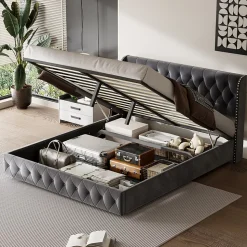 Lit Double,Lit 160 x 200 avec Sommier,Cadre de Lit avec Sommier à Lattes et Tête de Lit,Rembourrage à Boutons,sans Matelas,Gris