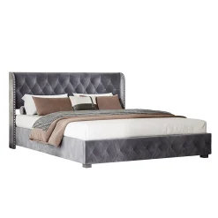 Lit Double,Lit 160 x 200 avec Sommier,Cadre de Lit avec Sommier à Lattes et Tête de Lit,Rembourrage à Boutons,sans Matelas,Gris