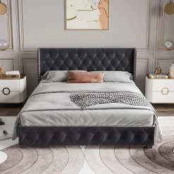 Lit Double,Lit 160 x 200 avec Sommier,Cadre de Lit avec Sommier à Lattes et Tête de Lit,Rembourrage à Boutons,sans Matelas,Gris