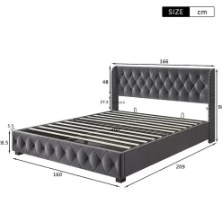 Lit Double,Lit 160 x 200 avec Sommier,Cadre de Lit avec Sommier à Lattes et Tête de Lit,Rembourrage à Boutons,sans Matelas,Gris