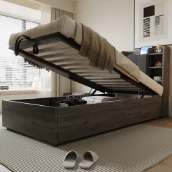 Lit en bois 90 par 200 cm lit hydraulique tête avec rangement ports USB et Type C lit simple couleur gris sans matelas