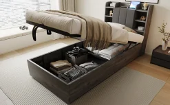 Lit en bois 90 par 200 cm lit hydraulique tête avec rangement ports USB et Type C lit simple couleur gris sans matelas