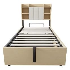 Lit en bois 90 par 200 cm lit hydraulique tête avec rangement ports USB et type C lit simple couleur bois sans matelas