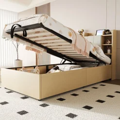 Lit en bois 90 par 200 cm lit hydraulique tête avec rangement ports USB et type C lit simple couleur bois sans matelas