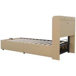 Lit en bois 90 par 200 cm lit hydraulique tête avec rangement ports USB et type C lit simple couleur bois sans matelas