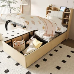 Lit en bois 90 par 200 cm lit hydraulique tête avec rangement ports USB et type C lit simple couleur bois sans matelas