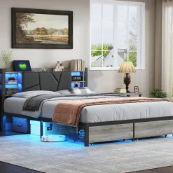 Lit en bois de fer 140x200 tête de lit lit avec lampe avec bout de lit double tiroirs chargeur