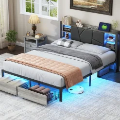 Lit en bois de fer 140x200 tête de lit lit avec lampe avec bout de lit double tiroirs chargeur