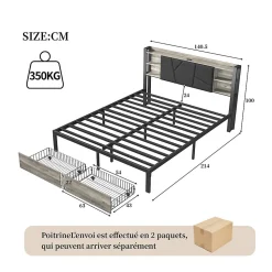 Lit en bois de fer 140x200 tête de lit lit avec lampe avec bout de lit double tiroirs chargeur