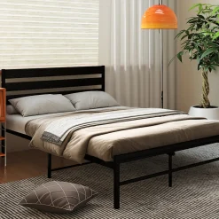 Lit en Métal Noir 140x200 cm - Lit Robuste et Moderne pour Chambre Ado - Sans Matelas - Cadre Métal