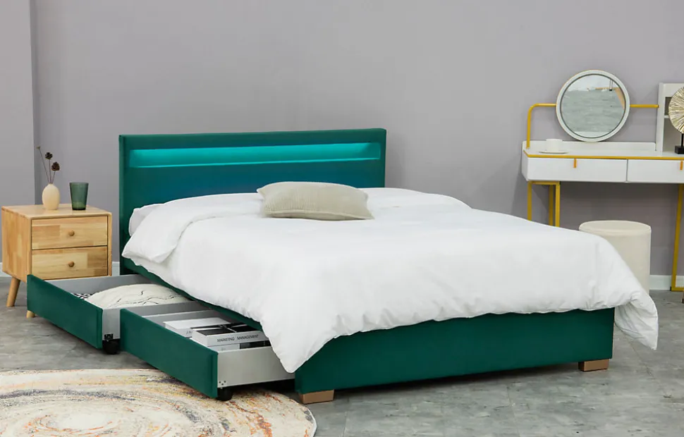 Lit en velours vert avec rangements et LED intégrées 160x200 cm - ENFIELD
