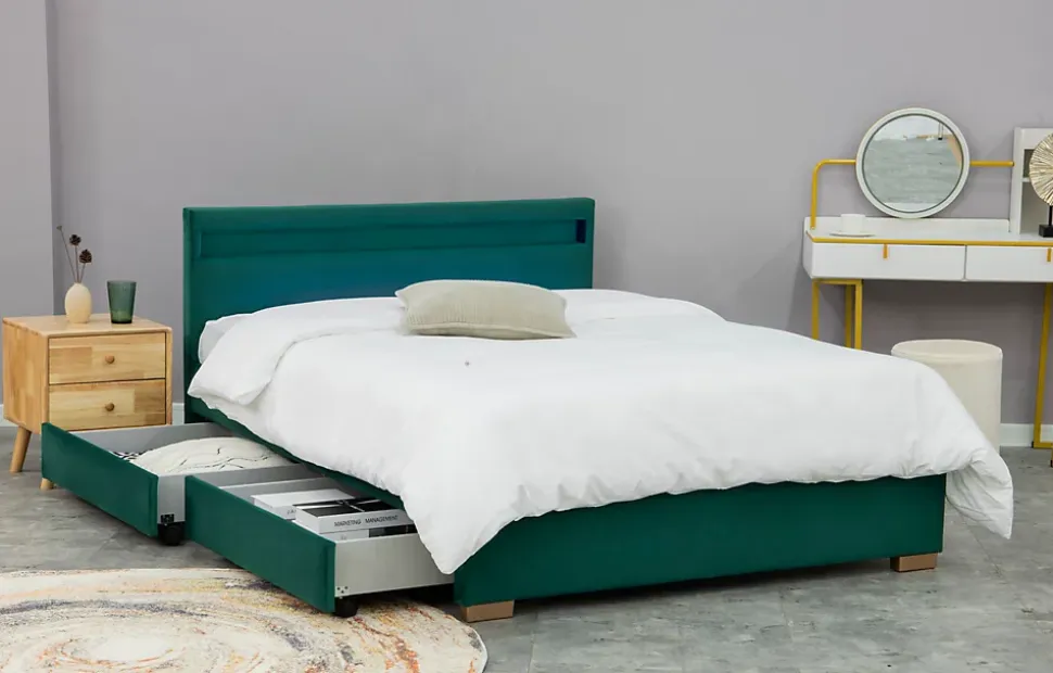 Lit en velours vert avec rangements et LED intégrées 140x190 cm - ENFIELD