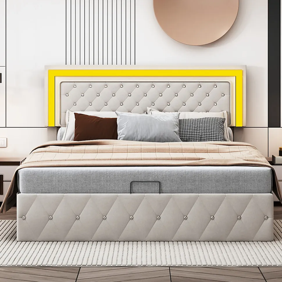 Lit en velours 140x200 cm avec rangements - Avec LED et sommier à lattes - Lit double avec rangements - Beige