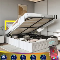 Lit en velours 140x200 cm avec rangements - Avec LED et sommier à lattes - Lit double avec rangements - Beige