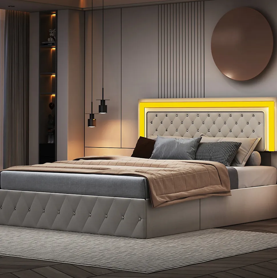 Lit en velours 140x200 cm avec rangements - Avec LED et sommier à lattes - Lit double avec rangements - Beige