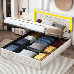 Lit en velours 140x200 cm avec rangements - Avec LED et sommier à lattes - Lit double avec rangements - Beige