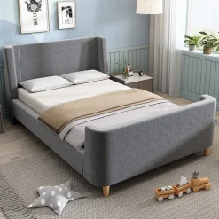 Lit Enfant - Lit Simple avec Design Traîneau et Revêtement Velours Motif Espace - Structure Métal et Bois Gris - 90 x 200 cm