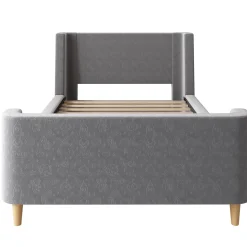 Lit Enfant - Lit Simple avec Design Traîneau et Revêtement Velours Motif Espace - Structure Métal et Bois Gris - 90 x 200 cm