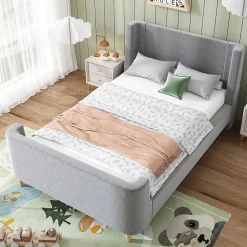 Lit Enfant - Lit Simple avec Design Traîneau et Revêtement Velours Motif Espace - Structure Métal et Bois Gris - 90 x 200 cm