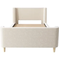 Lit Enfant - Lit Simple avec Design Traîneau et Revêtement Velours Motif Espace - Structure Métal et Bois Beige - 90 x 200 cm