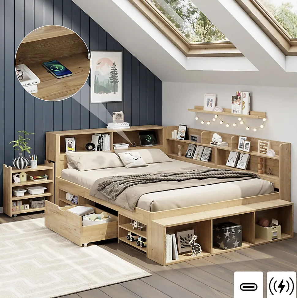 Lit enfant 140 x 200 cm - avec 1 tiroir - avec bibliothèque et rangement - sommier à lattes - naturel (matelas non inclus)