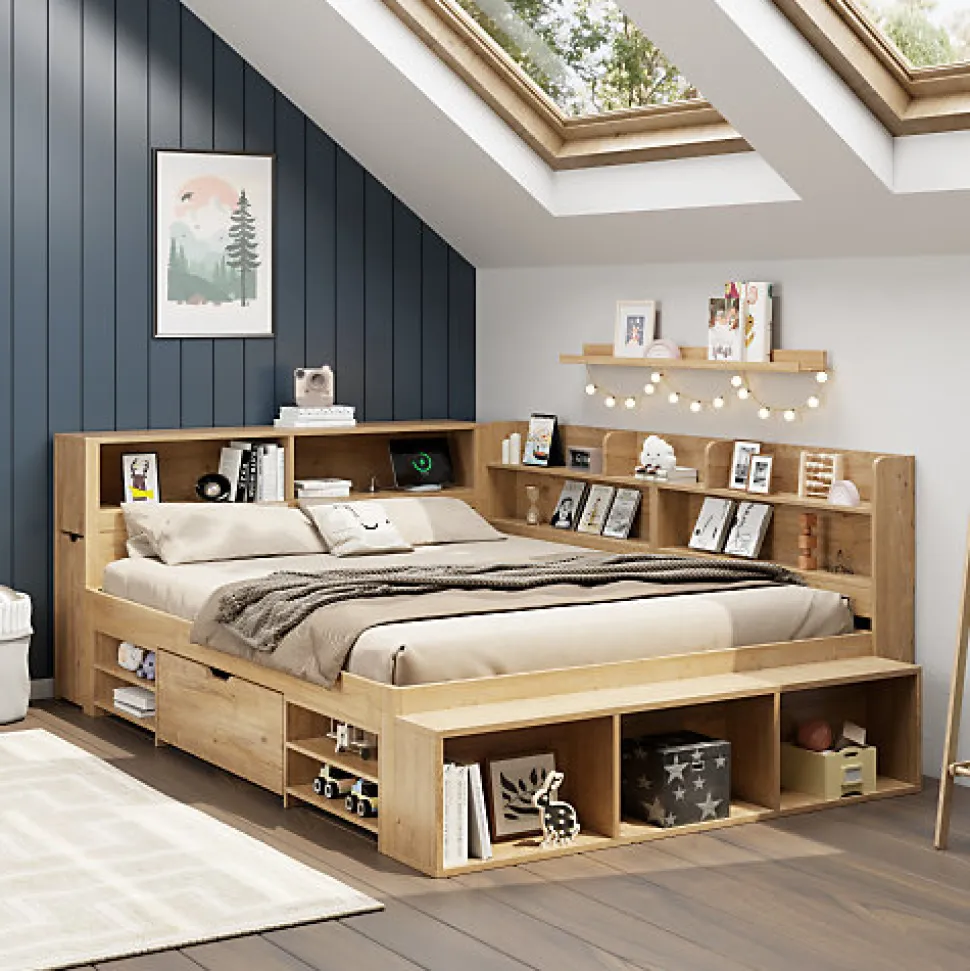 Lit enfant 140 x 200 cm - avec 1 tiroir - avec bibliothèque et rangement - sommier à lattes - naturel (matelas non inclus)