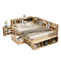 Lit enfant 140 x 200 cm - avec 1 tiroir - avec bibliothèque et rangement - sommier à lattes - naturel (matelas non inclus)