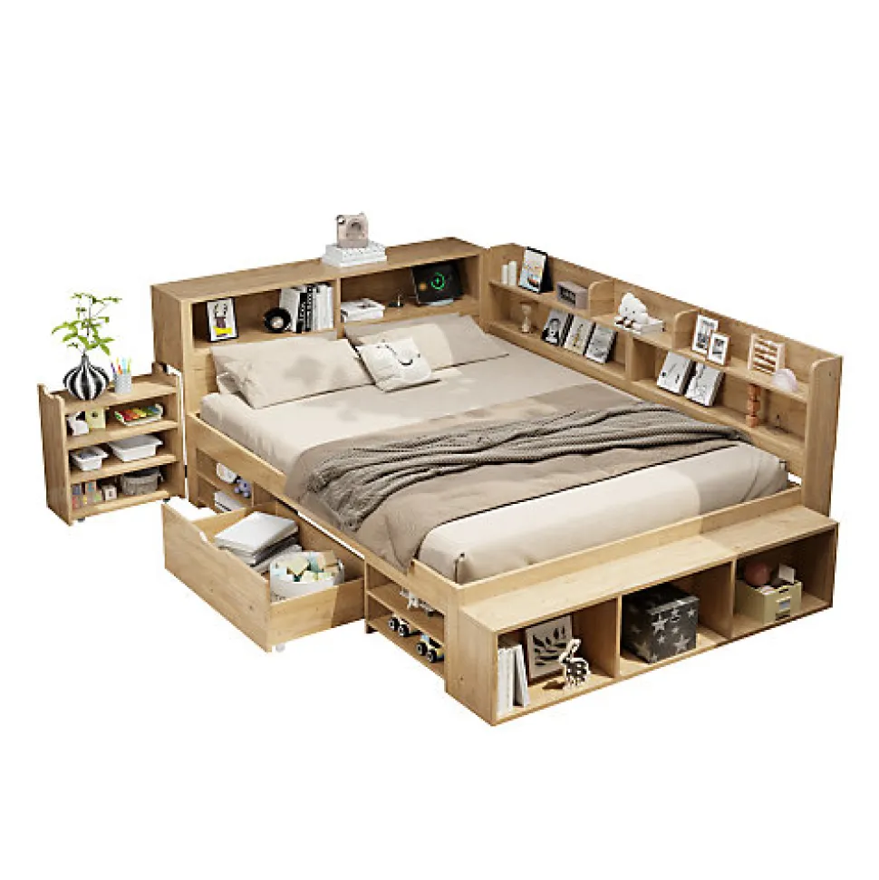 Lit enfant 140 x 200 cm - avec 1 tiroir - avec bibliothèque et rangement - sommier à lattes - naturel (matelas non inclus)