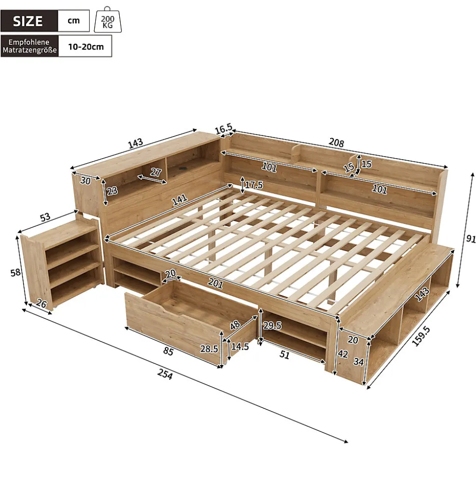 Lit enfant 140 x 200 cm - avec 1 tiroir - avec bibliothèque et rangement - sommier à lattes - naturel (matelas non inclus)