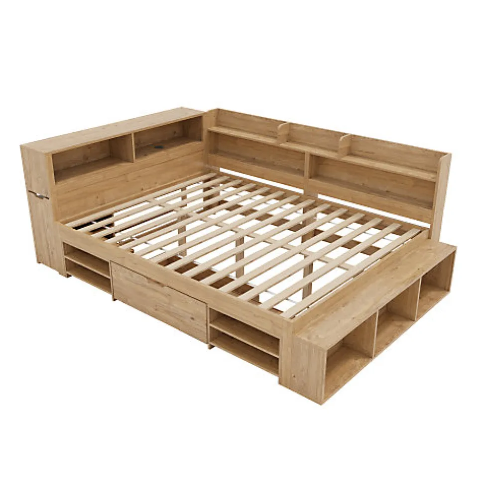 Lit enfant 140 x 200 cm - avec 1 tiroir - avec bibliothèque et rangement - sommier à lattes - naturel (matelas non inclus)